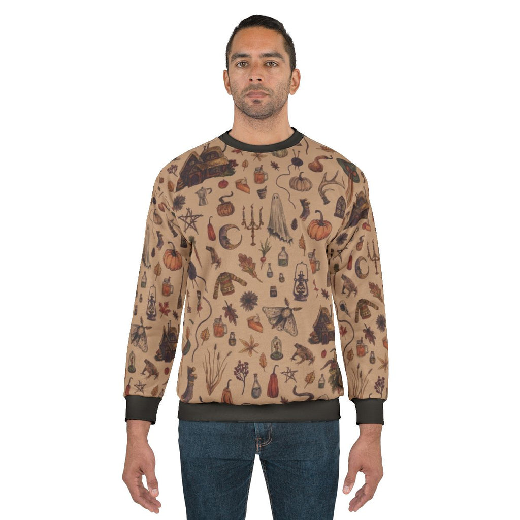 Rustic brown cozy crone sweatshirt with witchy, cottagecore design