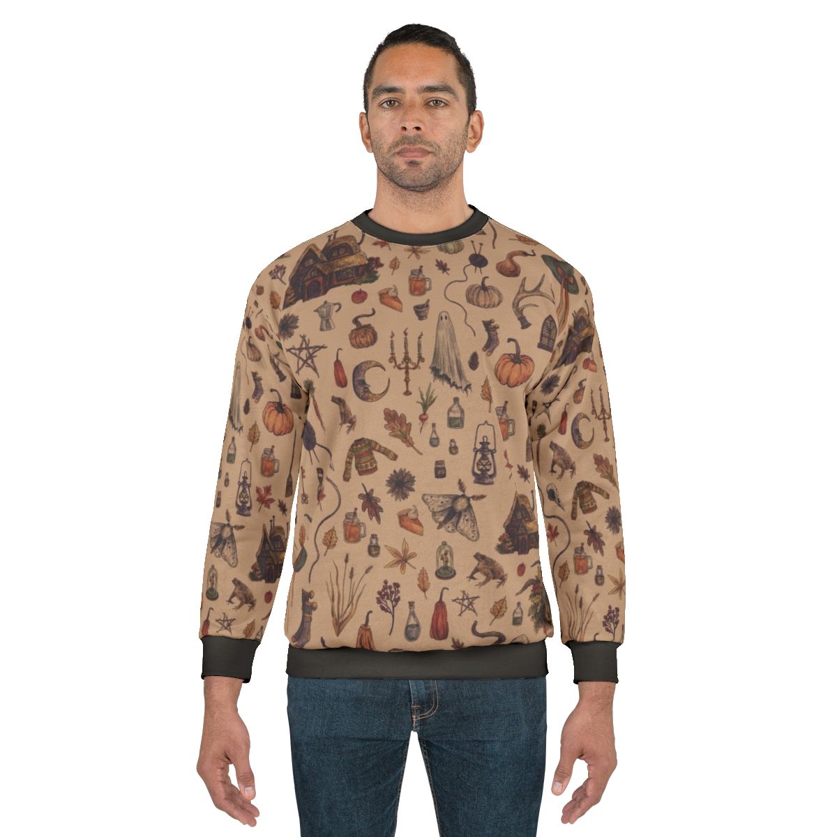 Rustic brown cozy crone sweatshirt with witchy, cottagecore design