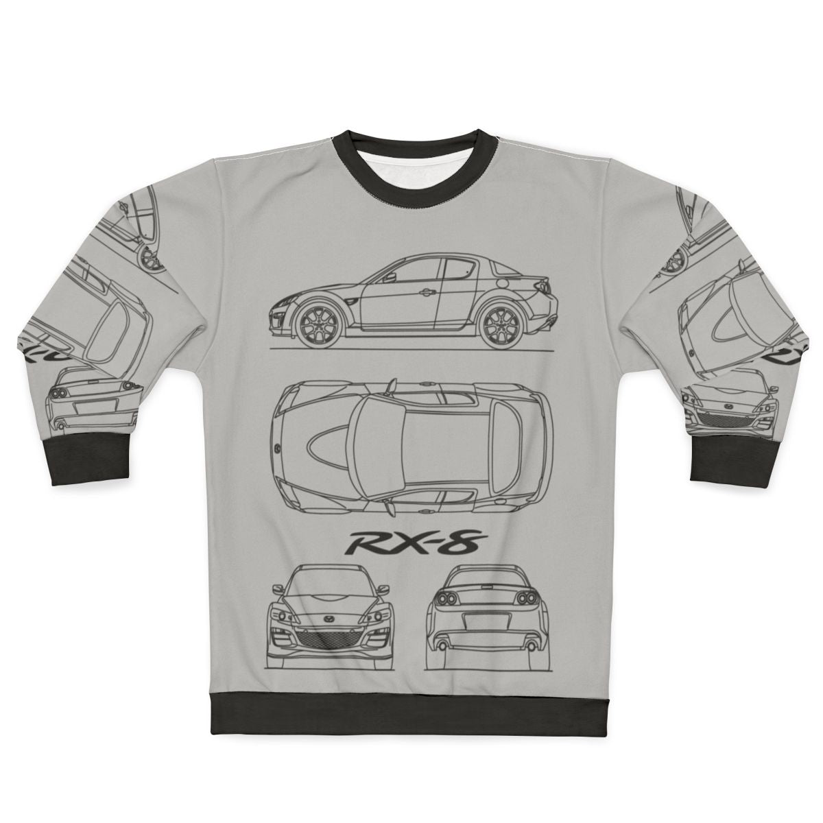 Mazda RX8 blueprint design on black sweatshirt