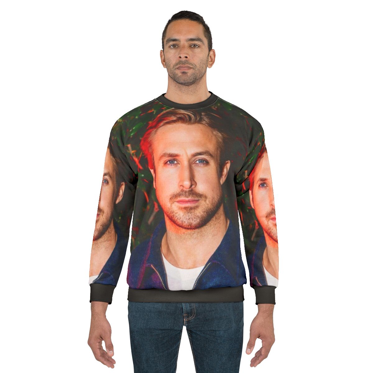 Ryan Gosling wearing a grey sweatshirt from the movie 'Drive'