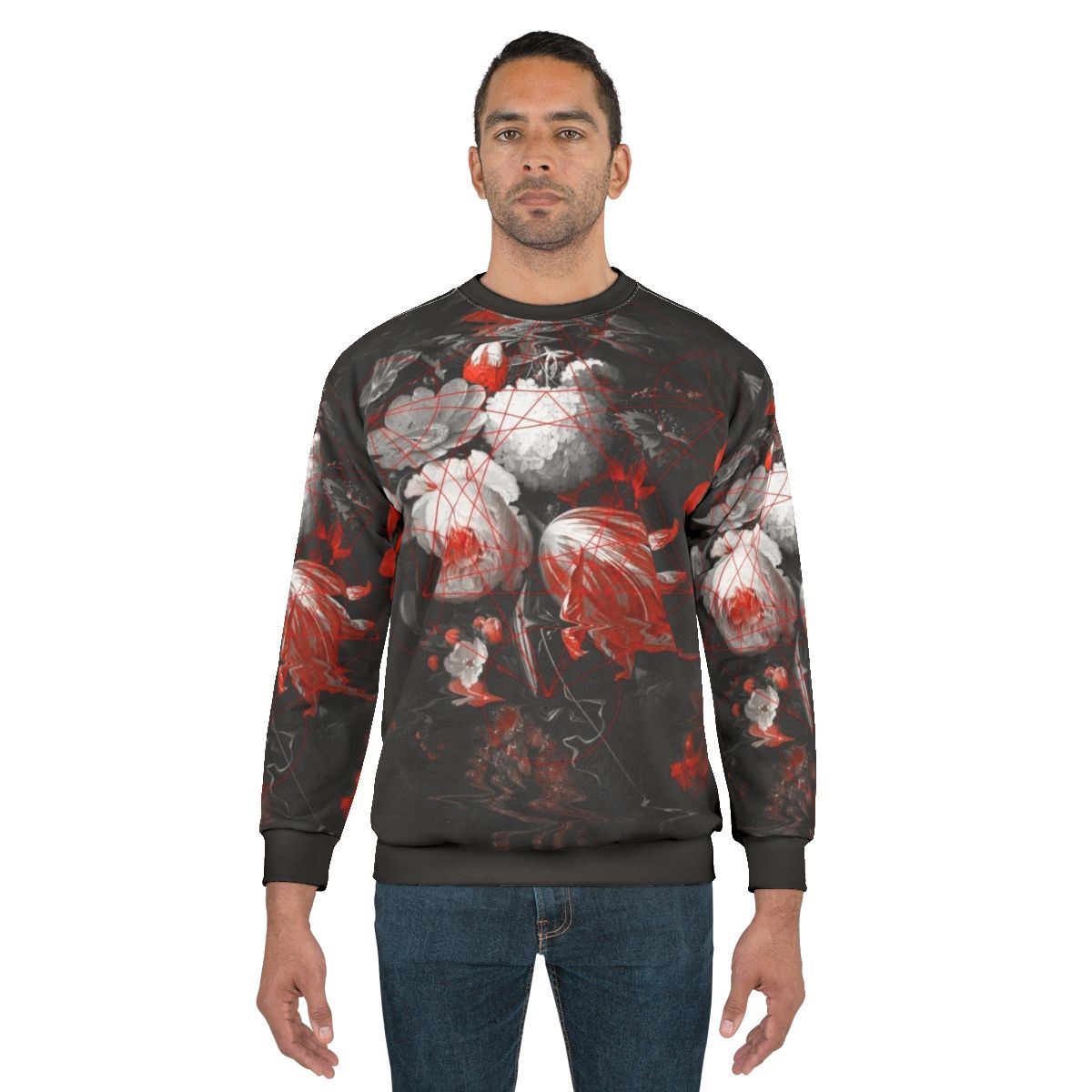 Sacred Flowers Sweatshirt featuring geometric floral renaissance and glitch art design