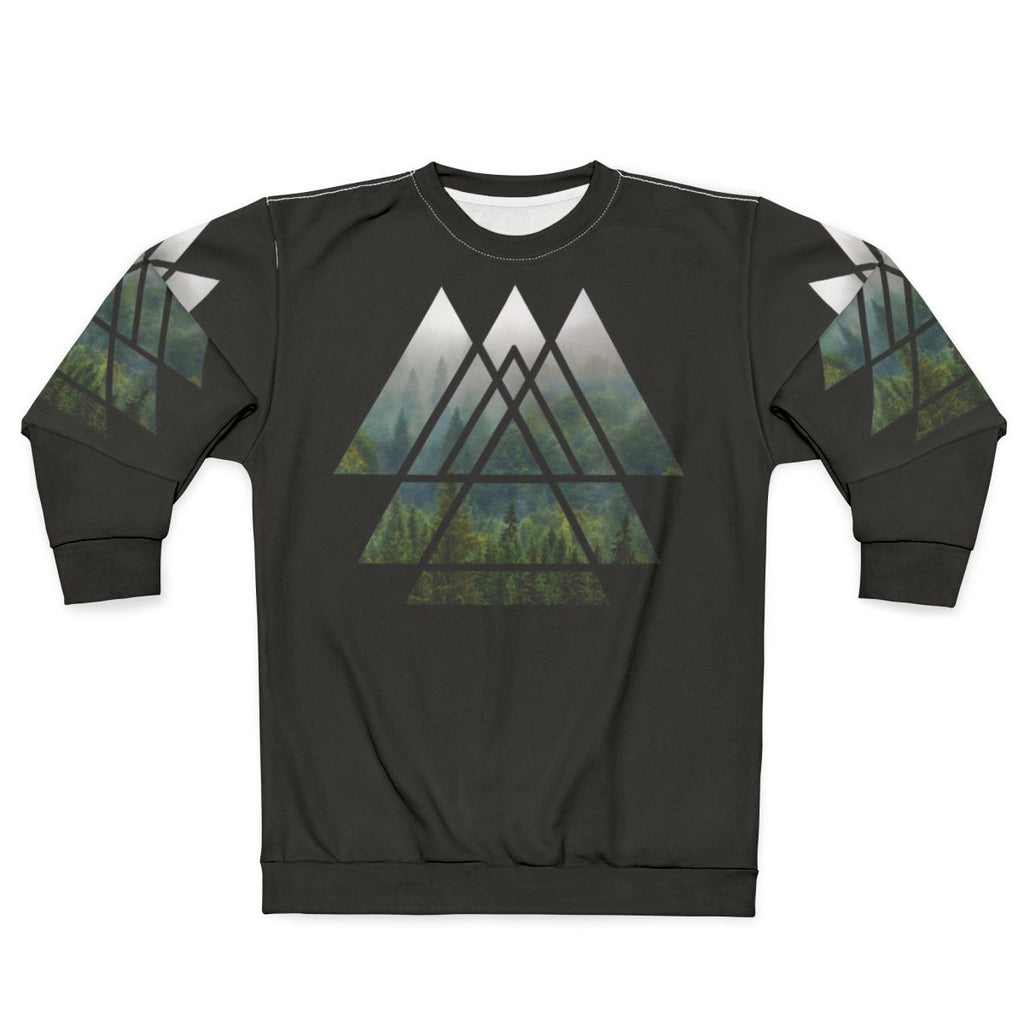 Sacred geometry triangles silhouette in misty forest landscape