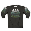 Sacred geometry triangles silhouette in misty forest landscape