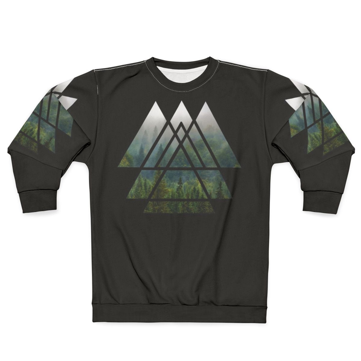 Sacred geometry triangles silhouette in misty forest landscape