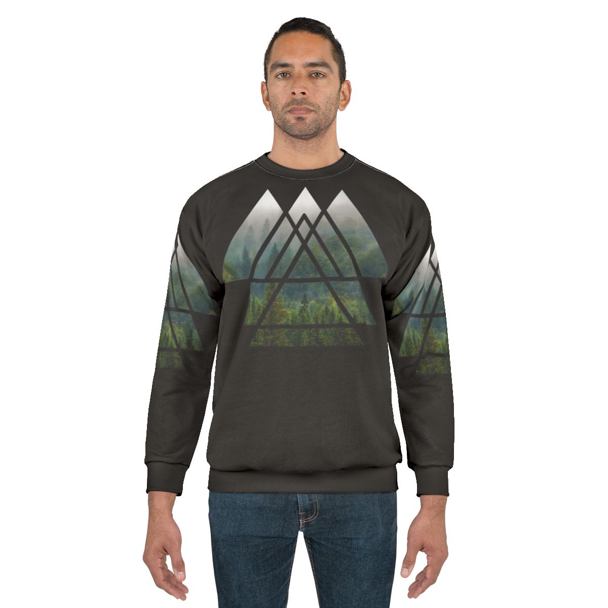 Sacred geometry triangles silhouette in misty forest landscape