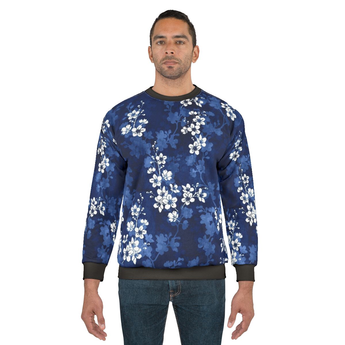 Navy blue sweatshirt with sakura blossom and butterfly design