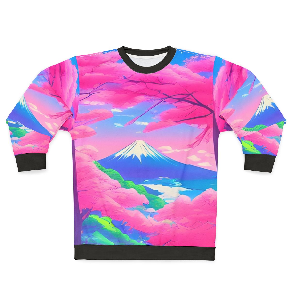 Sakura landscape Japanese sweatshirt with vibrant cherry blossoms and Mt. Fuji