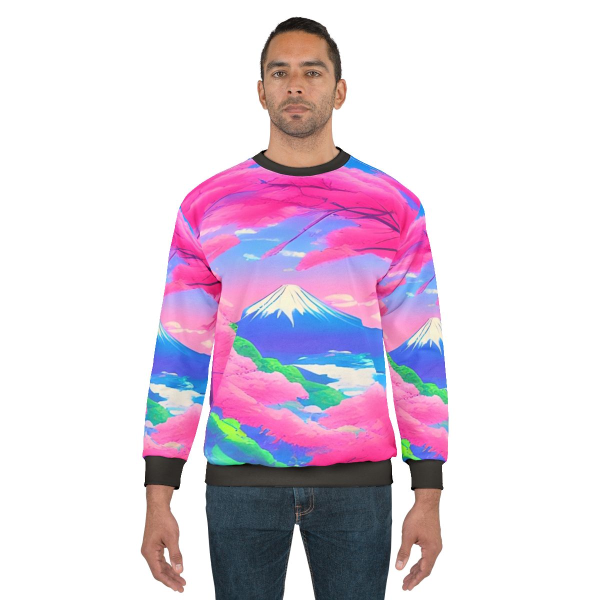 Sakura landscape Japanese sweatshirt with vibrant cherry blossoms and Mt. Fuji