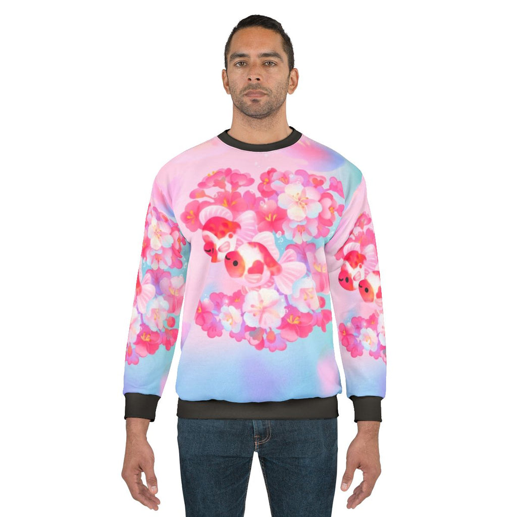 Sakura Ryukin Sweatshirt with Watercolor Cherry Blossom and Goldfish Design