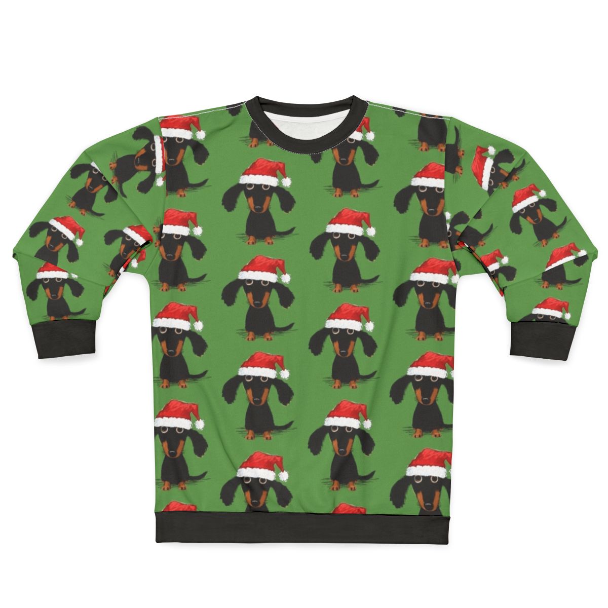 A cozy and humorous Christmas sweatshirt featuring a dachshund dressed as Santa