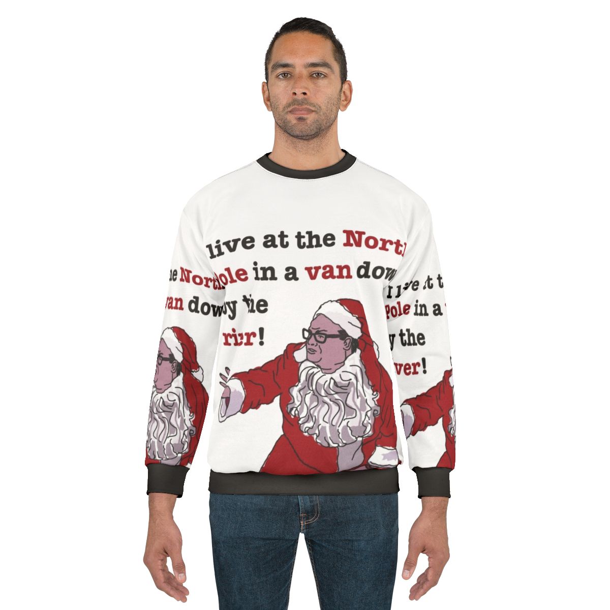Chris Farley as Matt Foley in a Christmas-themed sweatshirt
