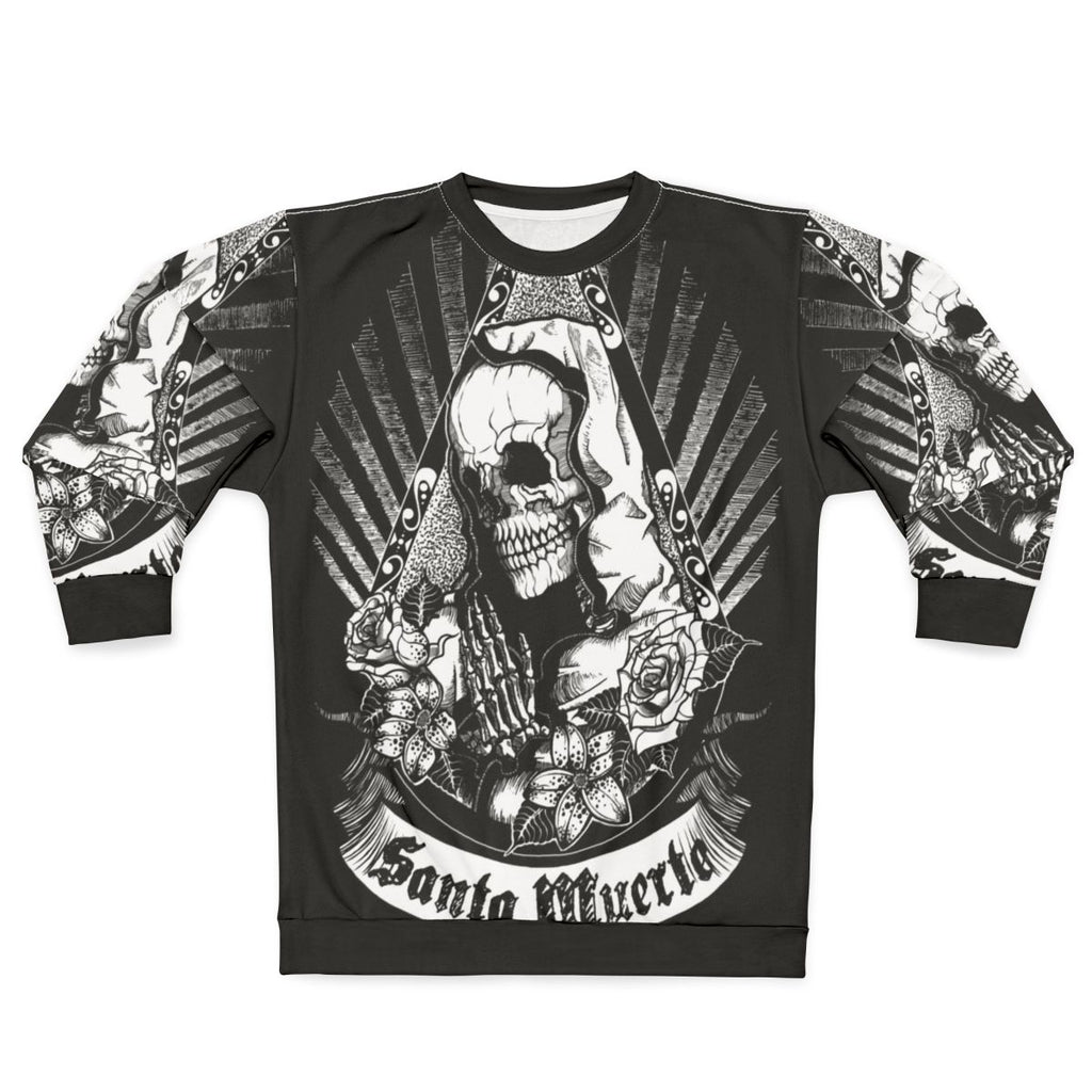 Dark Santa Muerte Sweatshirt with Skull and Floral Design