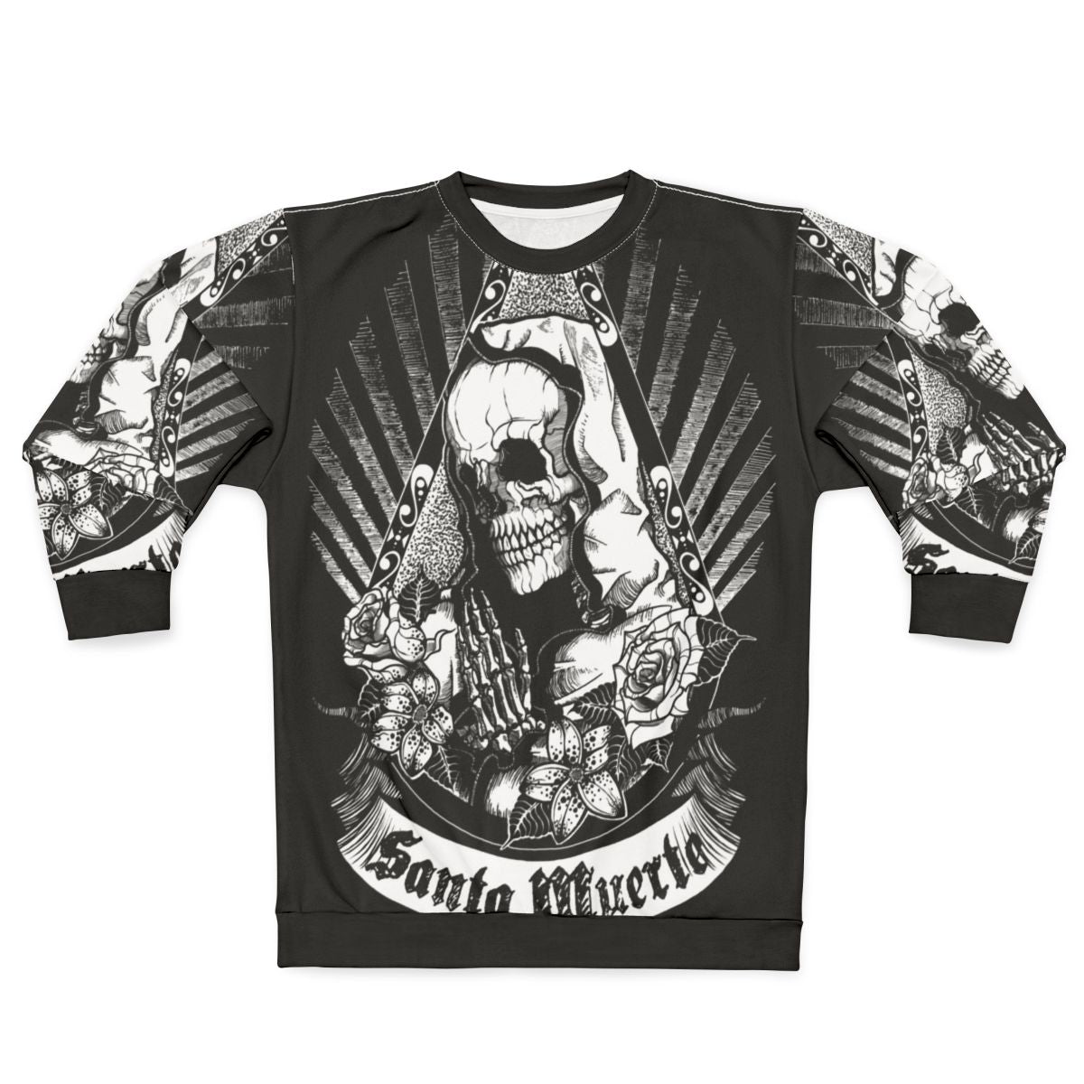 Dark Santa Muerte Sweatshirt with Skull and Floral Design
