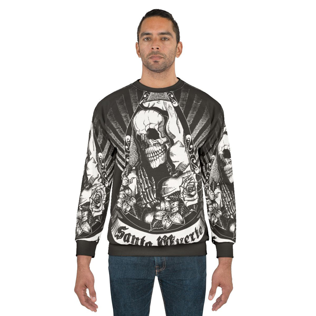 Dark Santa Muerte Sweatshirt with Skull and Floral Design