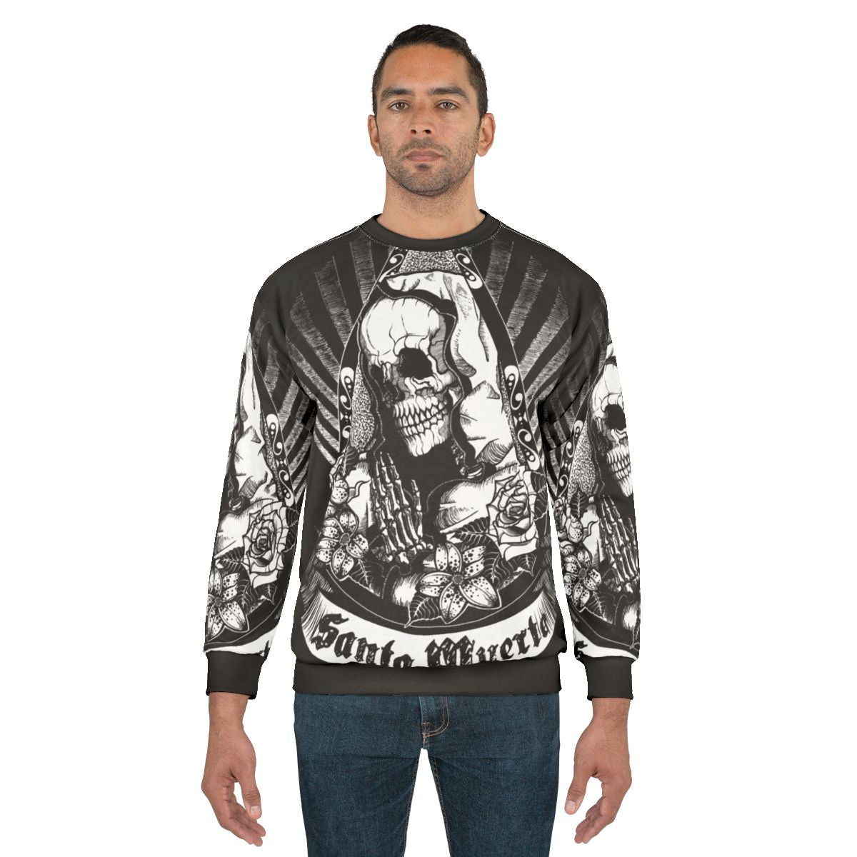 Dark Santa Muerte Sweatshirt with Skull and Floral Design