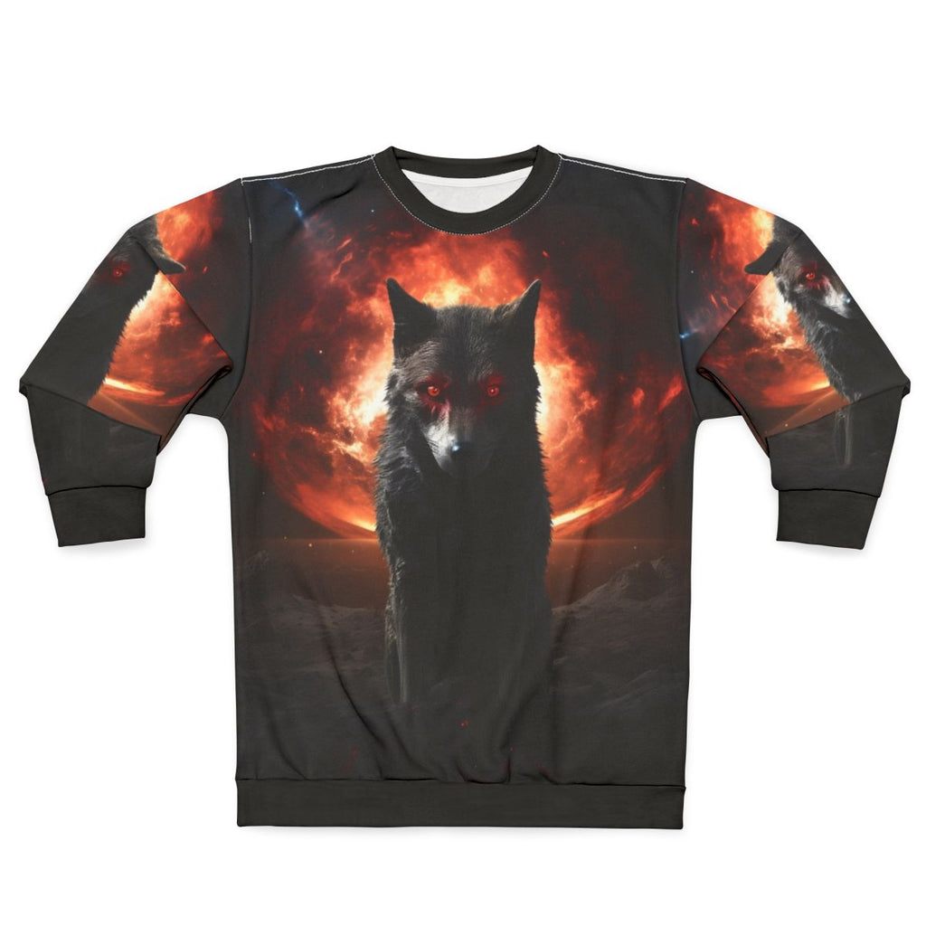Satanic dog sweatshirt featuring a dark, horrifying wolf design