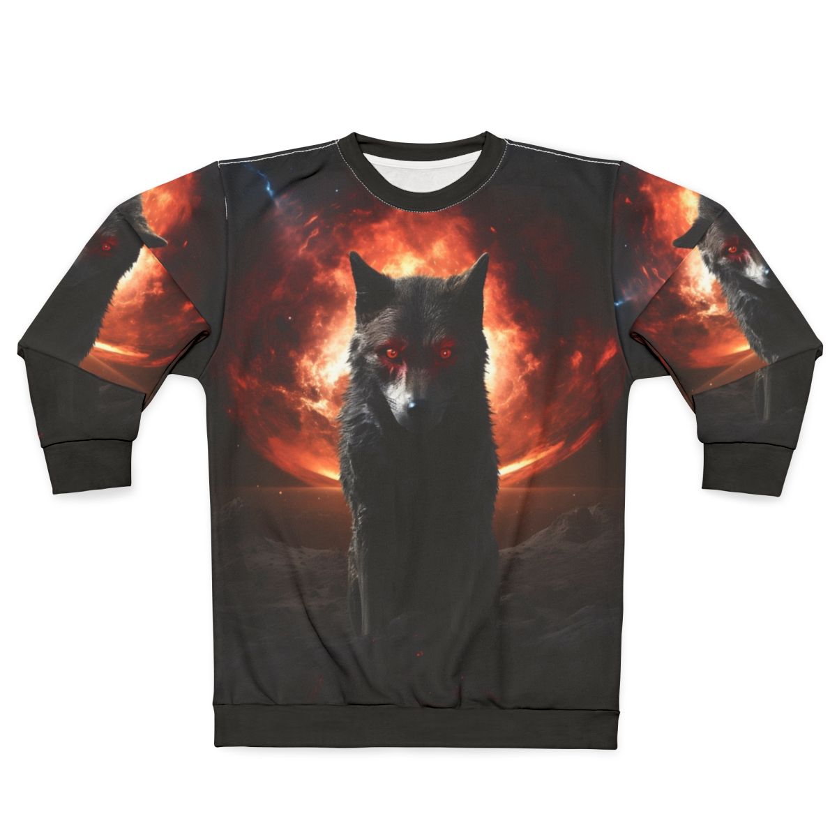 Satanic dog sweatshirt featuring a dark, horrifying wolf design