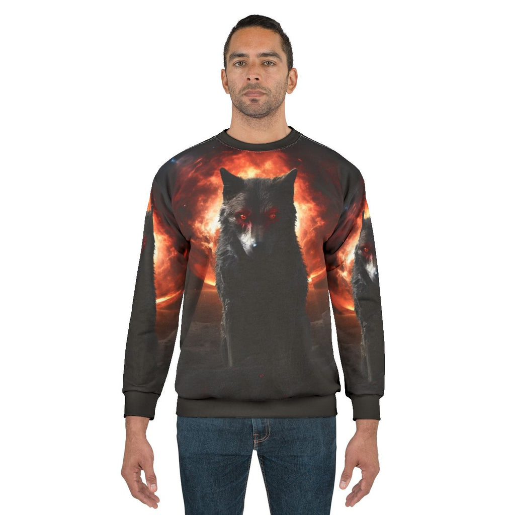 Satanic dog sweatshirt featuring a dark, horrifying wolf design