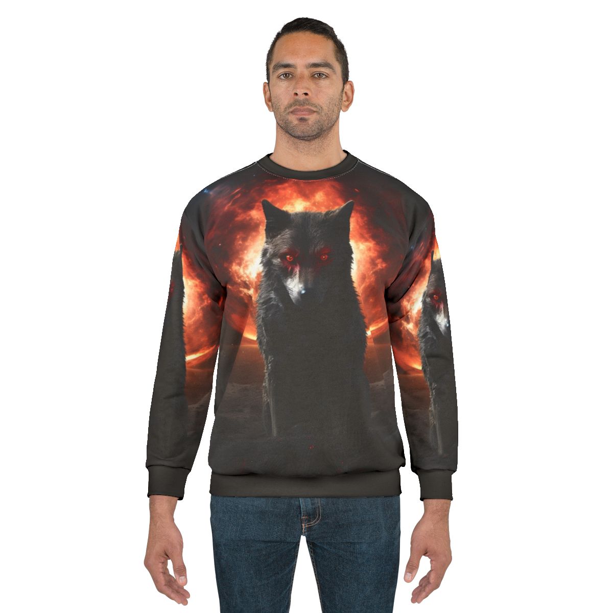 Satanic dog sweatshirt featuring a dark, horrifying wolf design