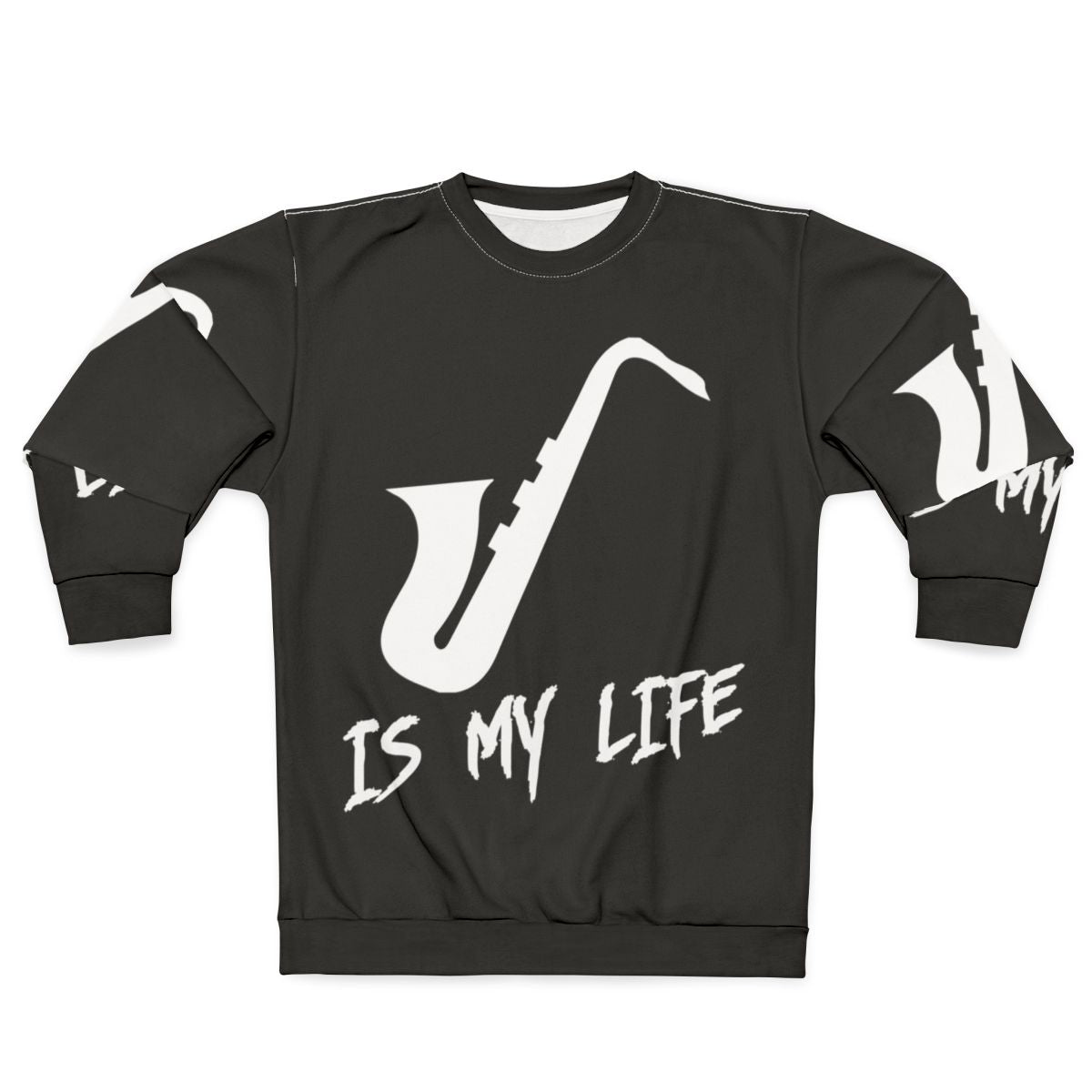 Man wearing saxophone sweatshirt, saxophone-themed apparel
