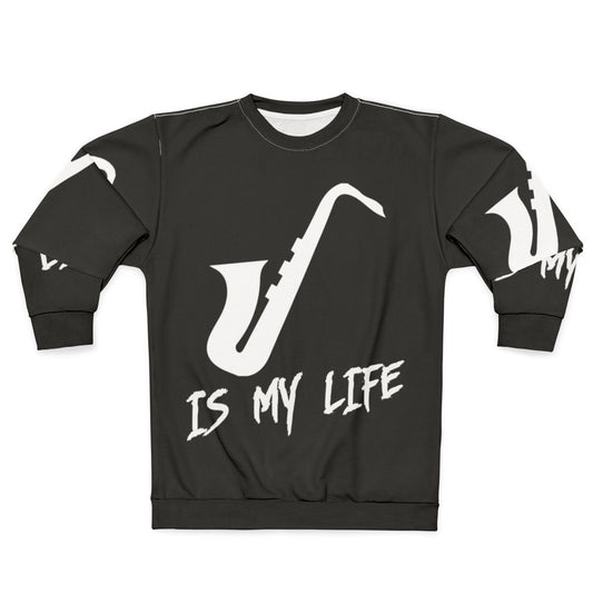 Man wearing saxophone sweatshirt, saxophone-themed apparel