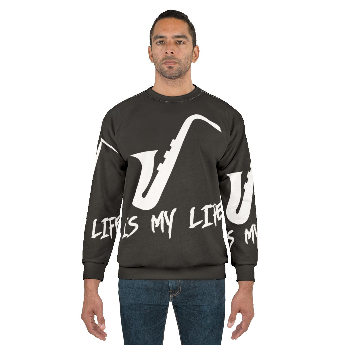 Man wearing saxophone sweatshirt, saxophone-themed apparel