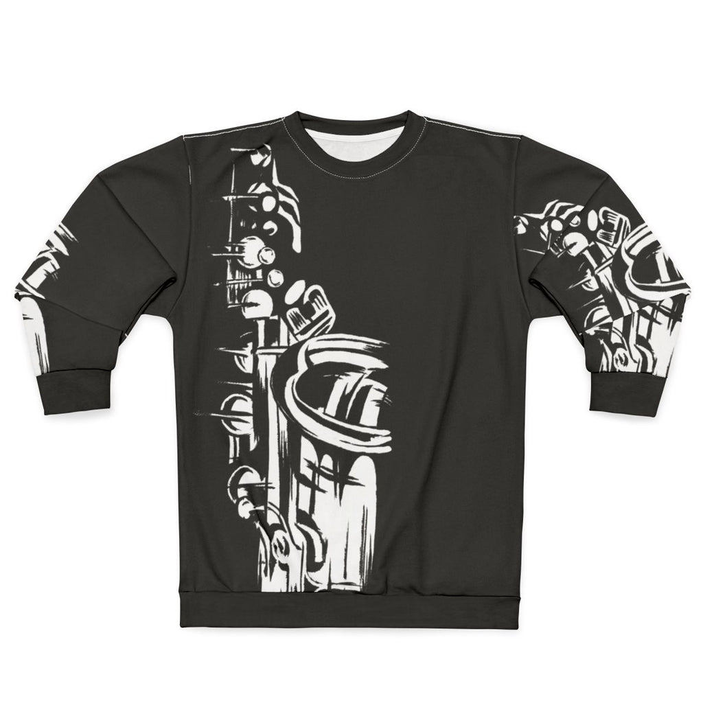Saxophone keywork painting on black and white sweatshirt