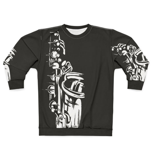 Saxophone keywork painting on black and white sweatshirt