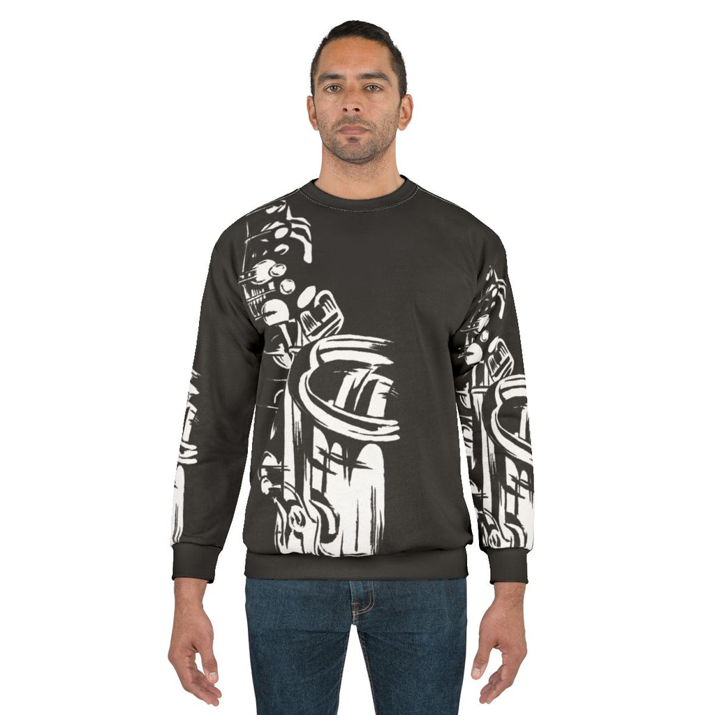 Saxophone keywork painting on black and white sweatshirt