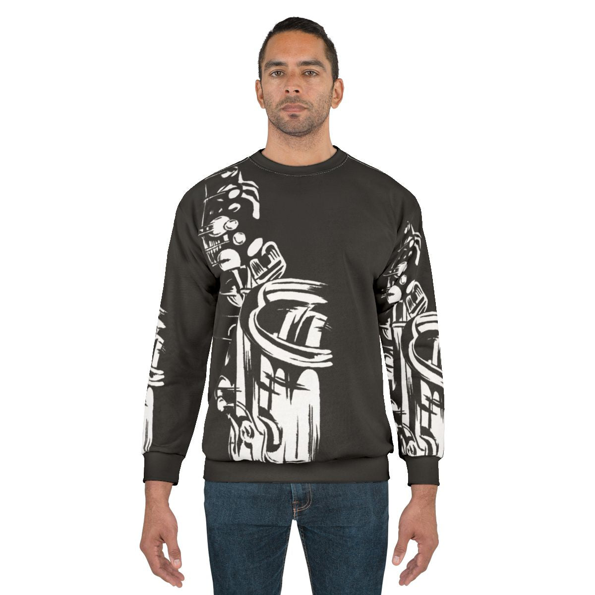 Saxophone keywork painting on black and white sweatshirt