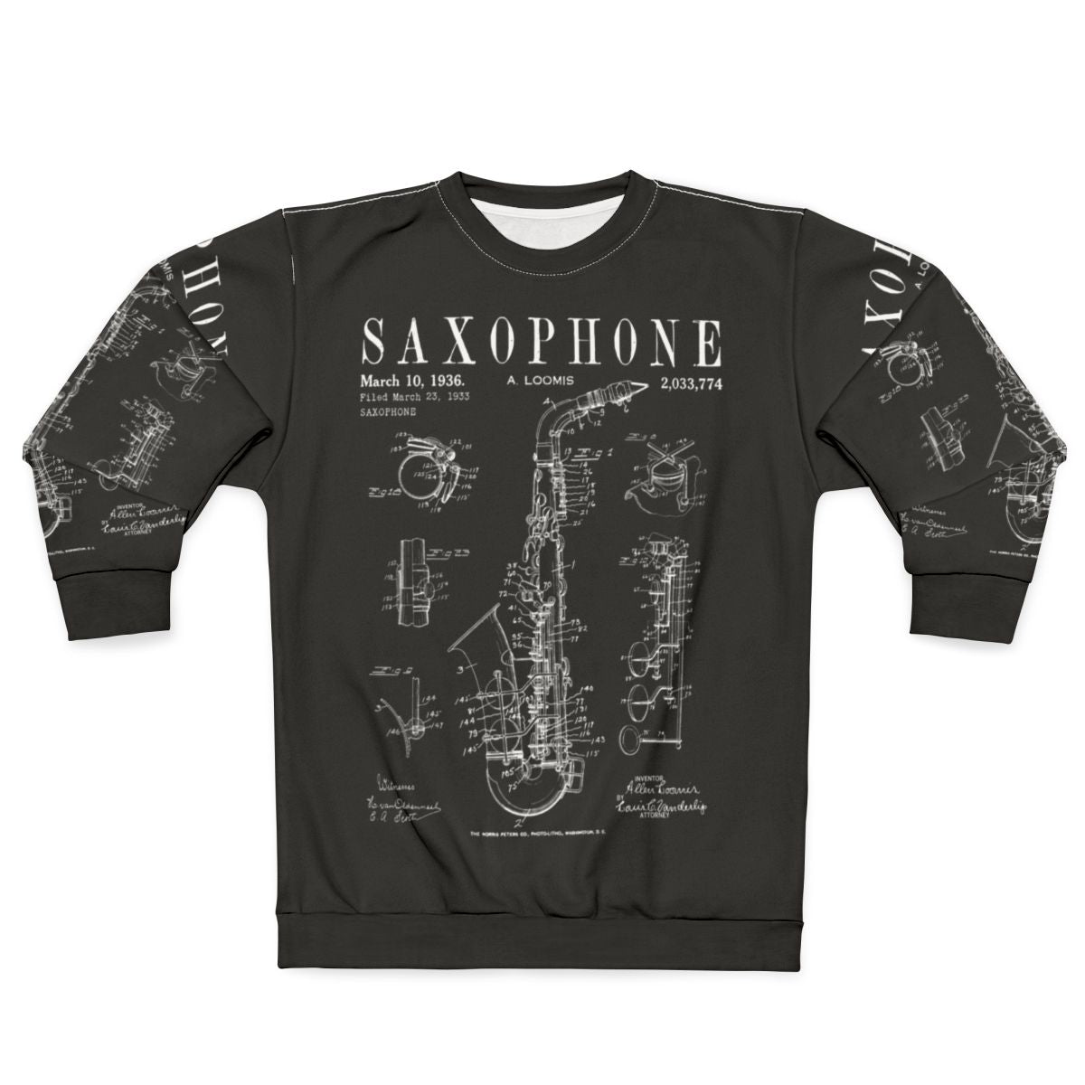 Vintage saxophone patent drawing print on sweatshirt