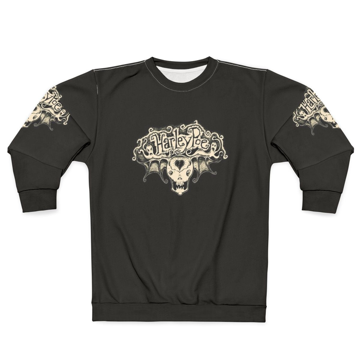 Scared Harley Skull Poe Wings Sweatshirt featuring the Harley Poe logo and artwork