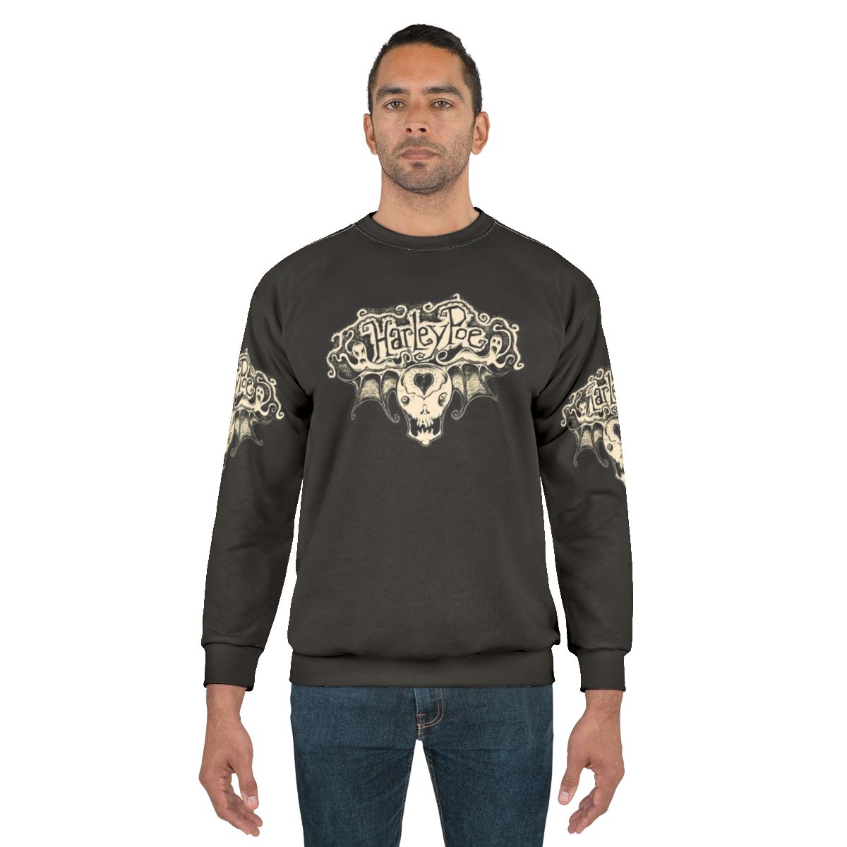 Scared Harley Skull Poe Wings Sweatshirt featuring the Harley Poe logo and artwork
