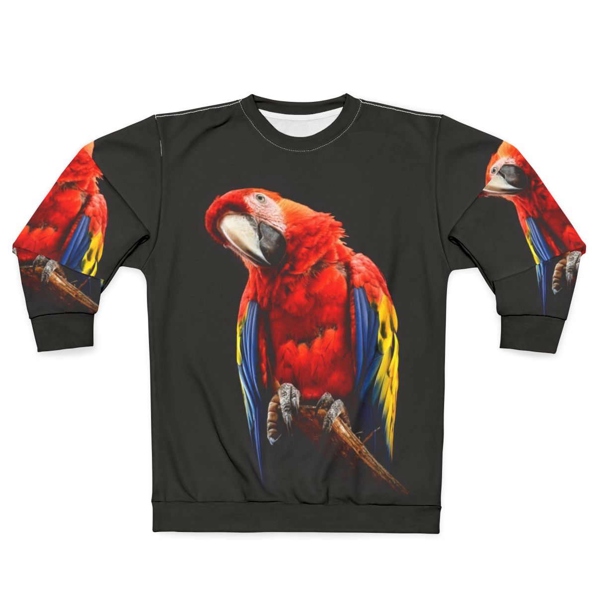Scarlet macaw sweatshirt featuring the vibrant red, blue, and green feathers of this beautiful South American parrot