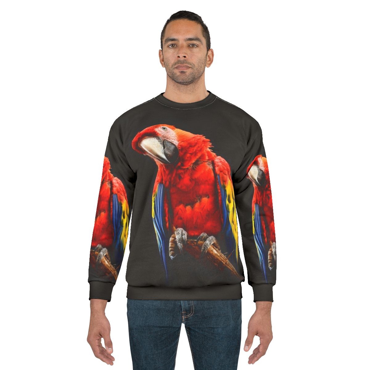 Scarlet macaw sweatshirt featuring the vibrant red, blue, and green feathers of this beautiful South American parrot