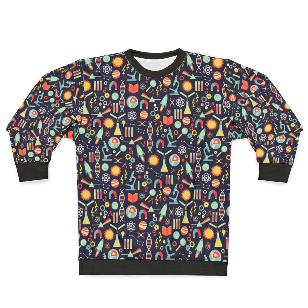 Women's science sweatshirt with laboratory and space-themed design