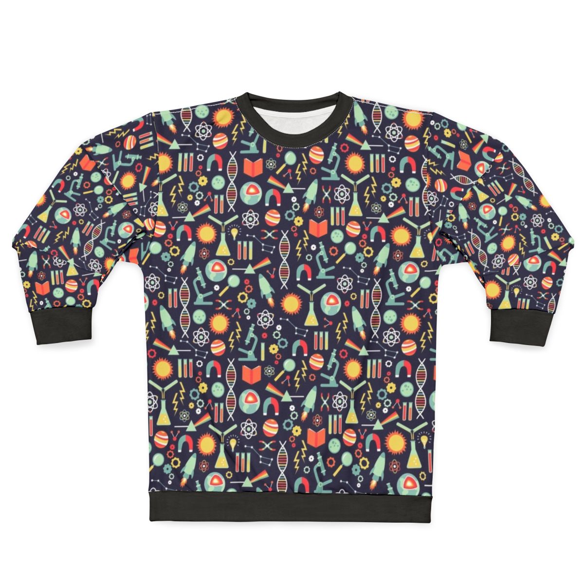 Women's science sweatshirt with laboratory and space-themed design