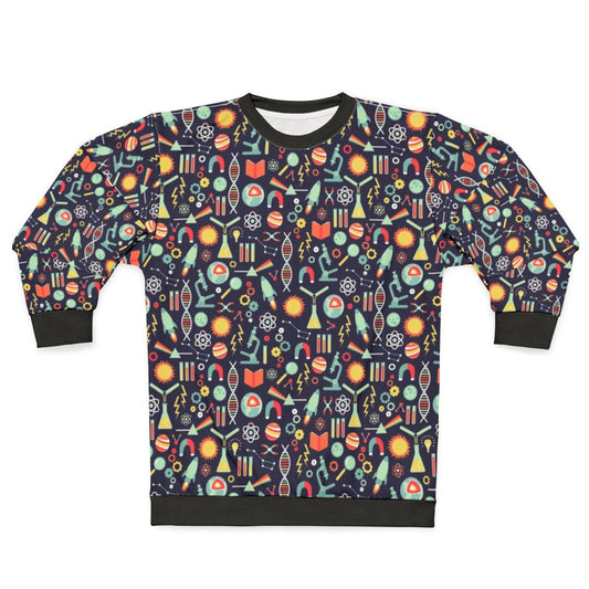 Women's science sweatshirt with laboratory and space-themed design