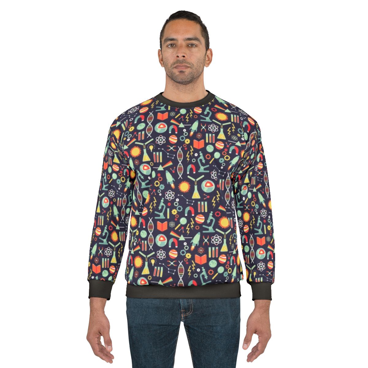 Women's science sweatshirt with laboratory and space-themed design