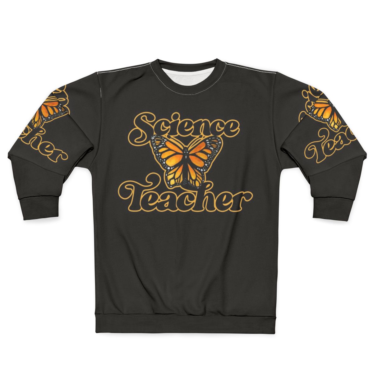 Science teacher wearing butterfly design sweatshirt