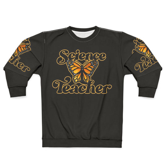 Science teacher wearing butterfly design sweatshirt