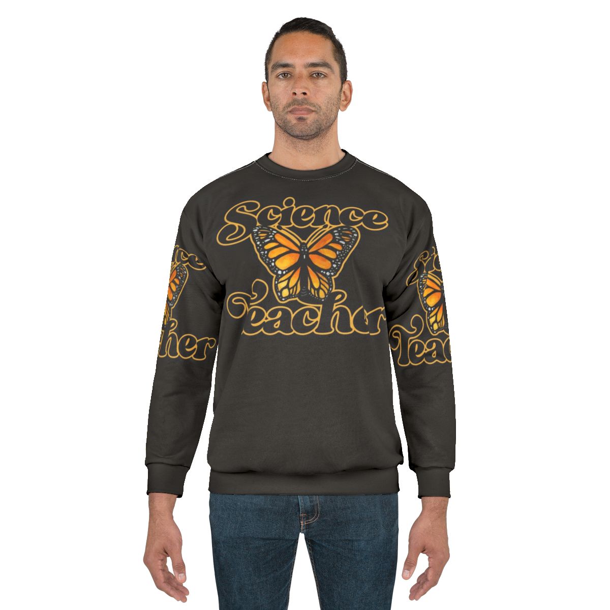 Science teacher wearing butterfly design sweatshirt