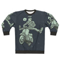 Mod-inspired scooter sweatshirt with vintage cartoon graphics