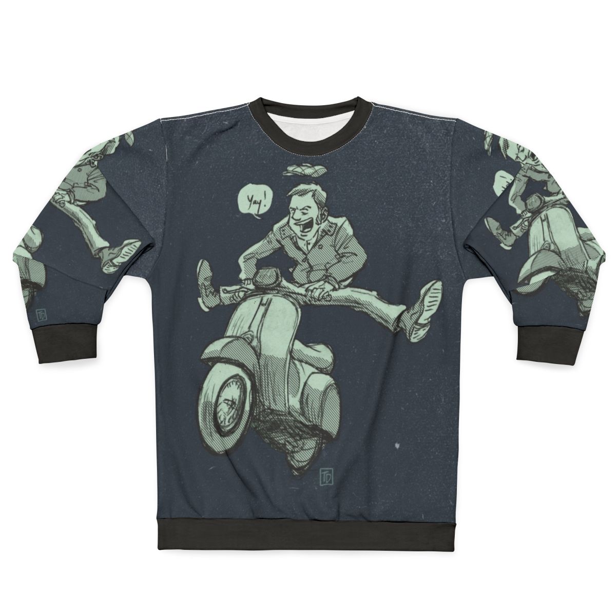 Mod-inspired scooter sweatshirt with vintage cartoon graphics