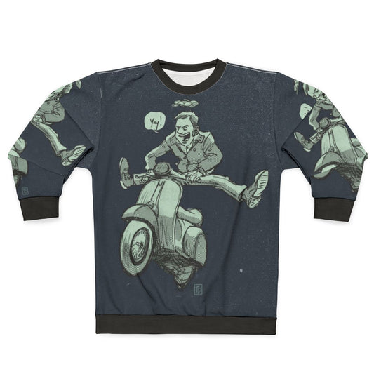Mod-inspired scooter sweatshirt with vintage cartoon graphics