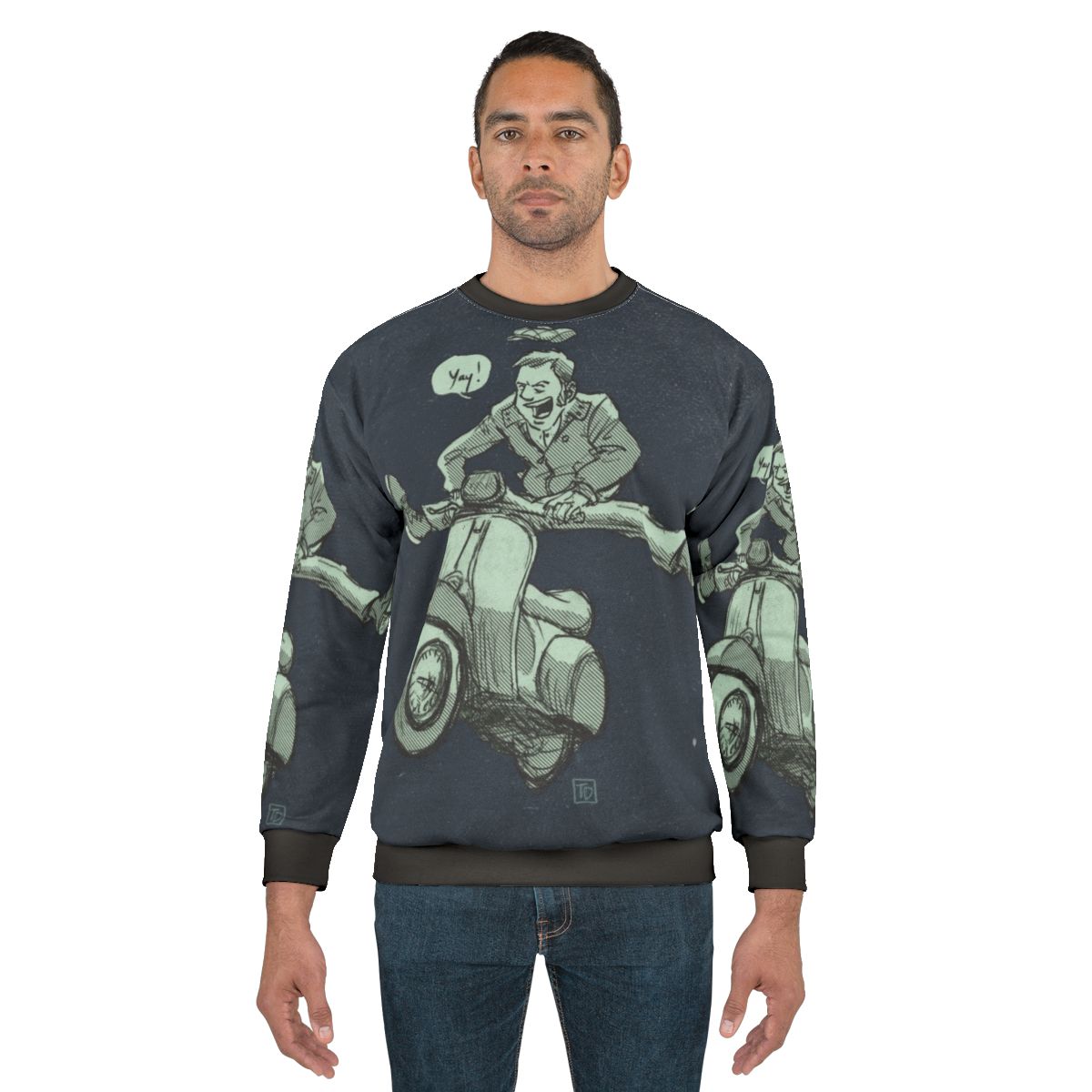 Mod-inspired scooter sweatshirt with vintage cartoon graphics