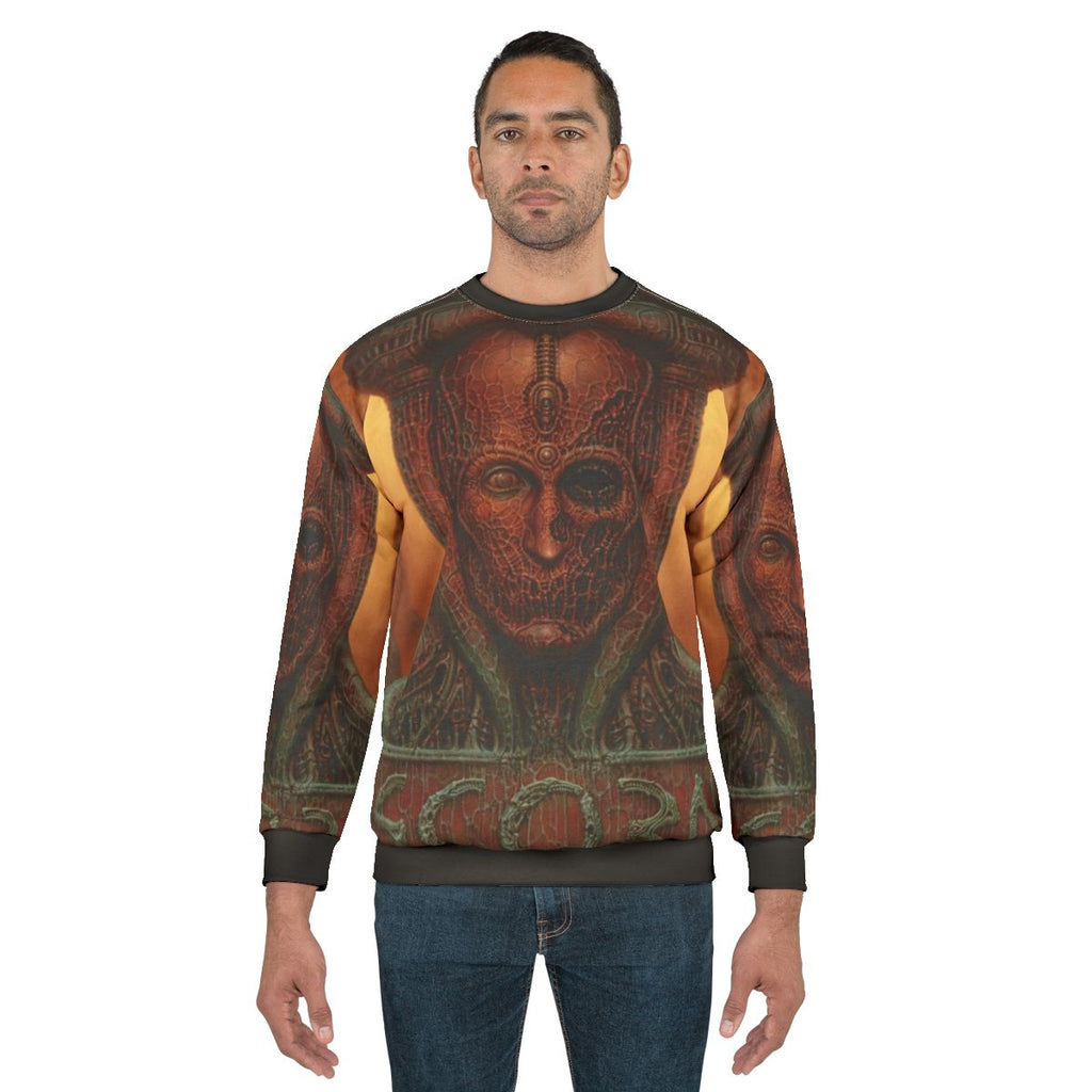 Scorn Game Sweatshirt featuring horror-inspired creature design