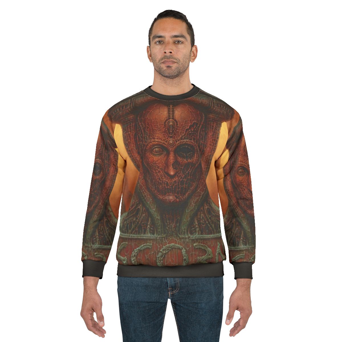 Scorn Game Sweatshirt featuring horror-inspired creature design
