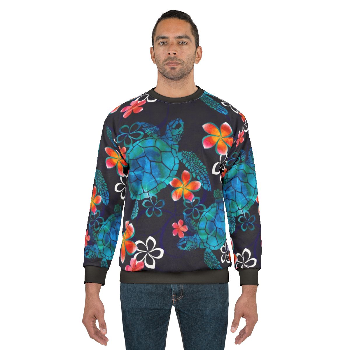 Watercolor sea turtle with tropical flowers sweatshirt