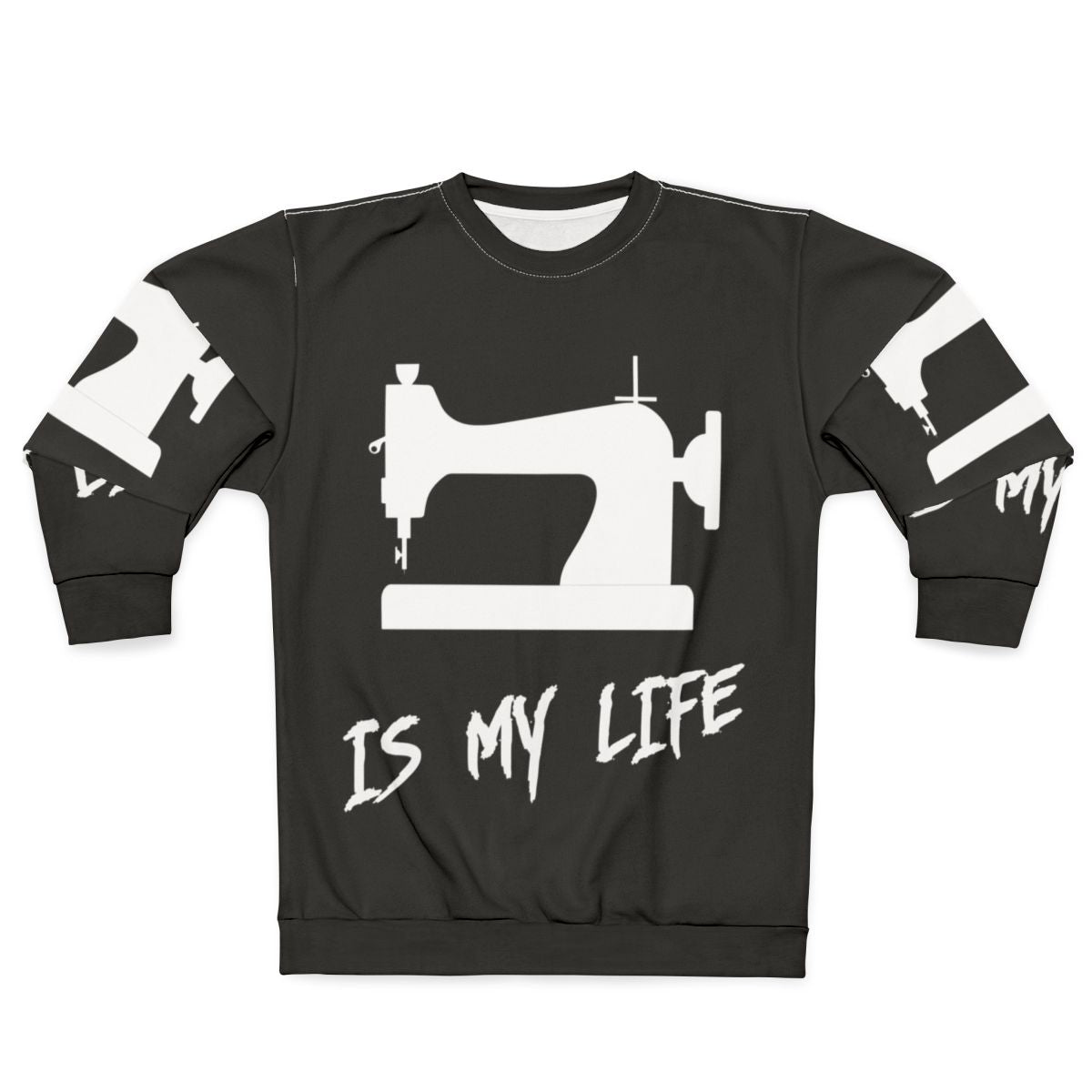 Sewing enthusiast wearing a sweatshirt with "Sewing Is My Life" printed on it